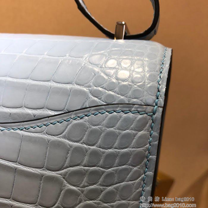 HERMES愛馬仕 康康18cm alligator crocodile 美洲鱷 頂級工藝 蠟線手縫 馬卡龍蘭 銀扣  Ama1515